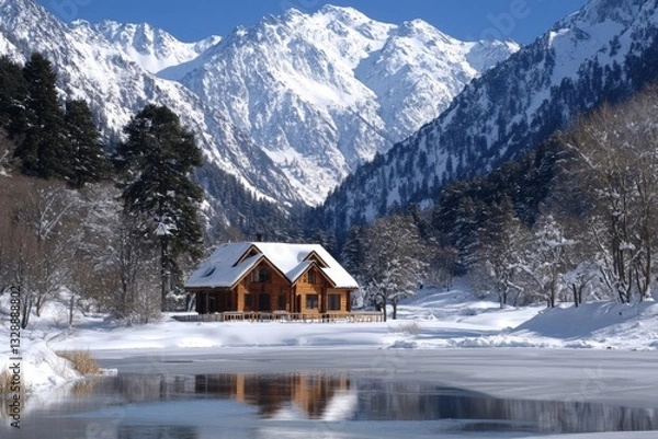 Obraz Cozy wooden cabin surrounded by snow-capped mountains and a frozen lake in winter landscape