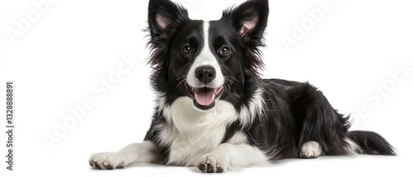 Fototapeta A black and white dog resting on the ground, its fur blending in with the surroundings