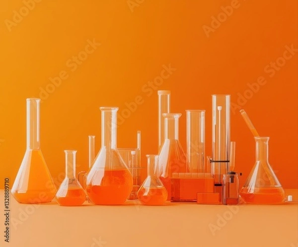 Fototapeta A collection of laboratory glassware filled with bright orange liquids set against an orange background.