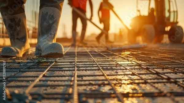 Fototapeta Construction workers pouring concrete at sunset.