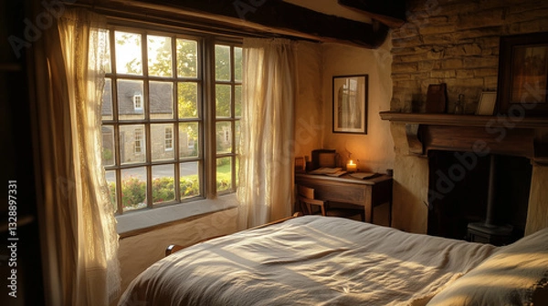 Fototapeta Cozy Cotswolds Hotel Room with a Charming Window View of a Stone Cottage