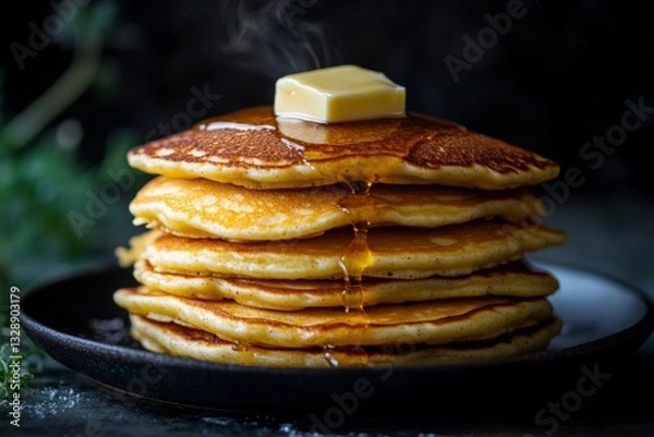 Fototapeta Hot stack of pancakes drizzled with syrup and topped with butter for a delicious breakfast treat