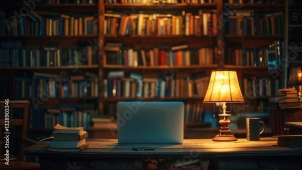 Fototapeta Cozy Workspace in a Book-Laden Library
