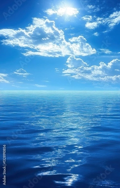 Fototapeta Serene Ocean Landscape Under Bright Blue Sky with Scattered Clouds and Reflections on Water Surface