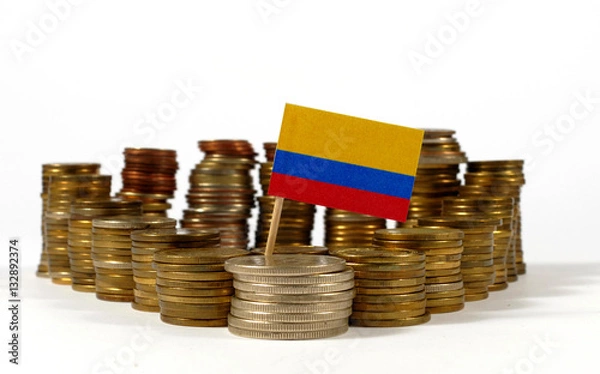 Obraz Colombia flag waving with stack of money coins