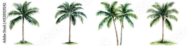 Fototapeta Four majestic palm trees sway in the warm breeze creating a serene and inviting tropical atmosphere