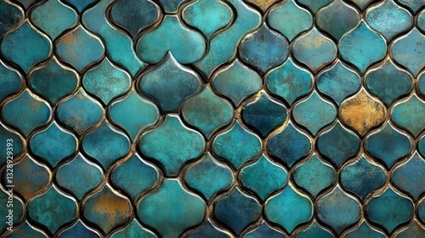 Fototapeta Turquoise Mosaic Background with Arabic Patterns and Geometric Design