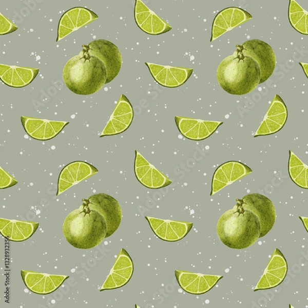 Obraz Watercolor pattern with lime. Seamless pattern with green citrus lime. Slice of lime, round citrus lime. Design for food packaging, menu design and stationery. Design on a background of dots.