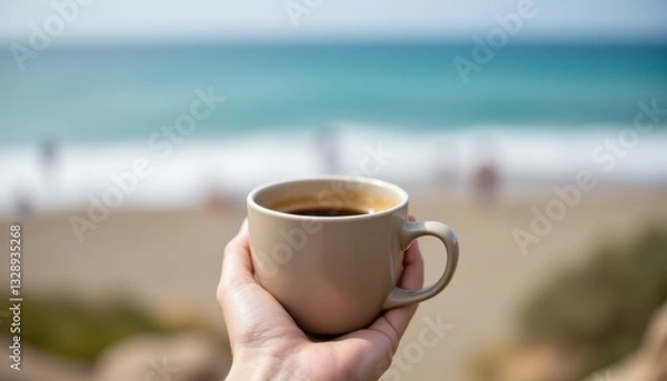 Fototapeta Hand Holding a Coffee Mug Overlooking a Scenic Beach with Gentle Ocean Waves in Background