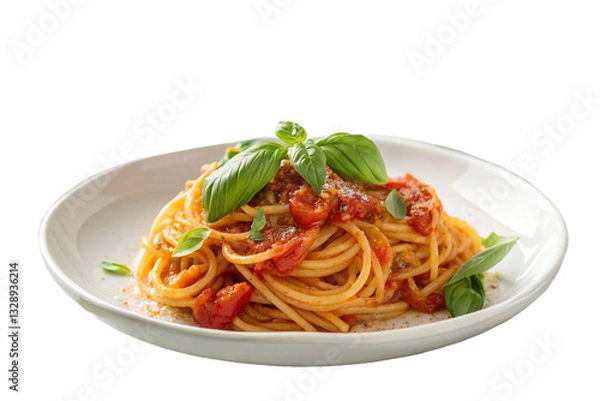 Obraz High-quality photorealistic image of spaghetti with rich tomato sauce, garnished with fresh basil, served on a white plate, Italian cuisine.