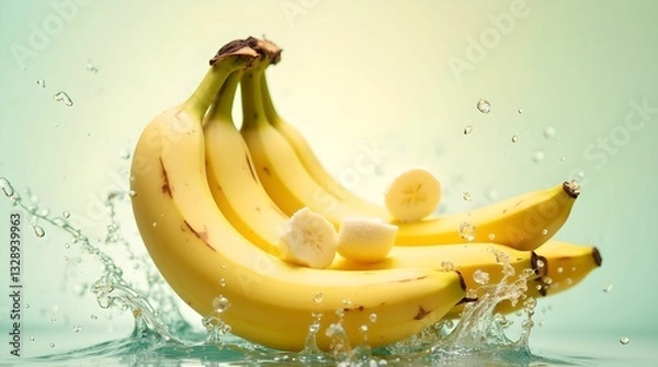 Fototapeta Bright yellow bananas fall into clear water