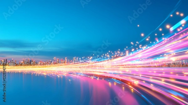 Fototapeta A vibrant, long-exposure image showcasing colorful light trails over a body of water, with a city skyline in the background during twilight