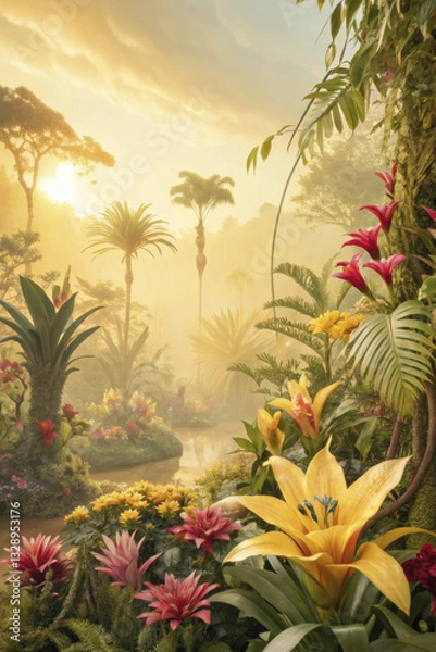 Fototapeta Lush tropical flowers in surreal fantasy landscape with vibrant colors and soft sunlight. serene and enchanting atmosphere surrounds scene