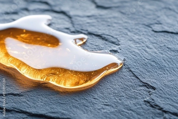 Fototapeta Glossy amber texture resembles thick honey on a dark slate surface. Soft highlights catch the light, enhancing contrast and creating a luxurious backdrop for branding