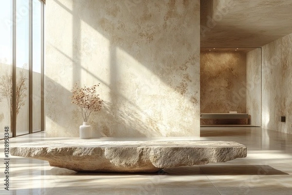 Fototapeta Serene Minimalist Stone Bench Bathed in Soft Natural Light Against Neutral Tiled Wall
