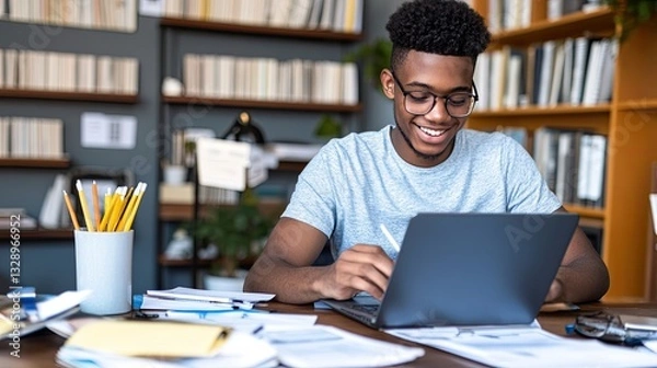 Fototapeta Busy smiling young man type on notebook pc sit at home office desk engaged in accounting work use internet app to get online education manage electronic paperwork check documents make financial report