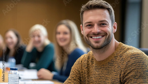 Fototapeta group of professionals engaged in discussion, smiling and collaborating