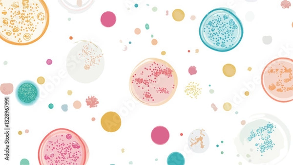 Obraz The image is a seamless pattern featuring various sizes of overlapping circles on a white background.  The circles are filled with different pastel colors and contain subtle internal designs or