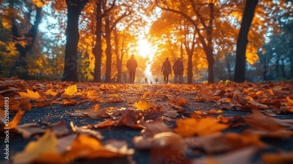 Fototapeta Children Walking Through Autumn Forest Path Covered with Colorful Leaves and Soft Sunlight