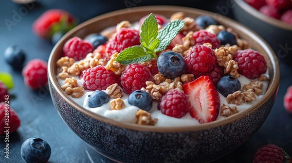 Fototapeta Colorful bowl filled with creamy yogurt adorned with ripe strawberries, blueberries, and raspberries, sprinkled with crunchy granola. A fresh mint leaf completes the dish