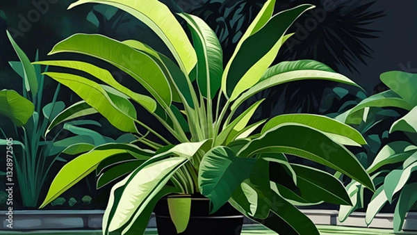 Fototapeta In the garden, the leaves of Spathiphyllum cannifolium create an abstract green texture, complemented by a dark-toned natural backdrop, embodying the essence of tropical foliage