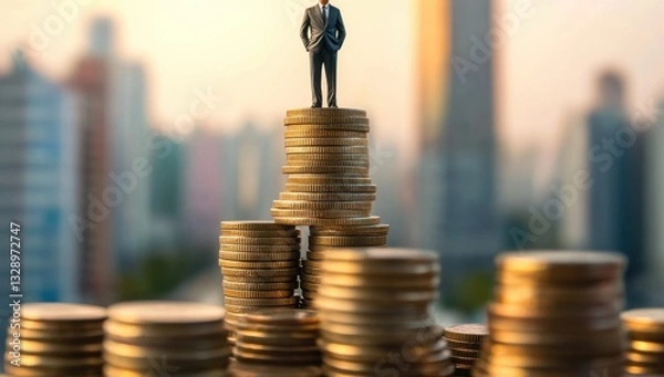 Obraz Financial Success: Miniature Businessman on a Stack of Coins