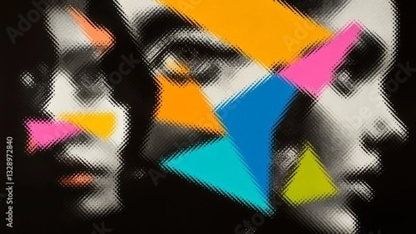 Fototapeta Abstract background with faces collage black and white and colours elements, psychology, stress wallpaper illustration, Generative AI with halftone texture overlaid with vibrant geometric shapes