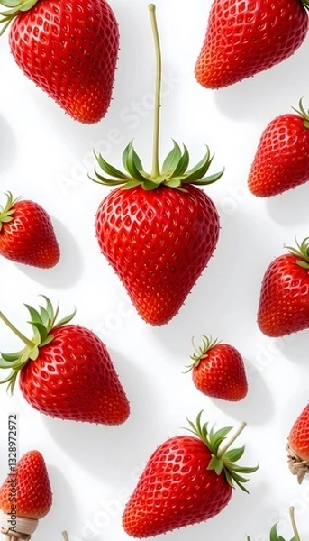 Fototapeta The image is a flat lay of a group of fresh strawberries on a white background. The strawberries are arranged in a scattered manner, with some overlapping each other. The topmost strawberry is in the 