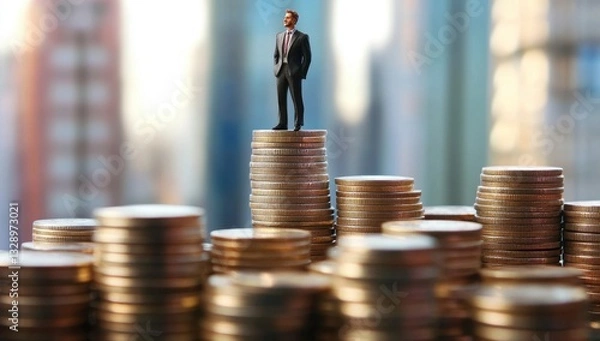 Obraz Business Success: Miniature Figure on Coin Stacks