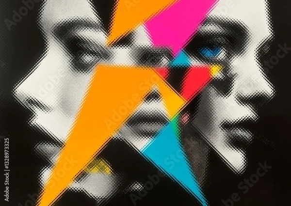 Fototapeta Abstract background with faces collage black and white and colours elements, psychology, stress wallpaper illustration, Generative AI with halftone texture overlaid with vibrant geometric shapes