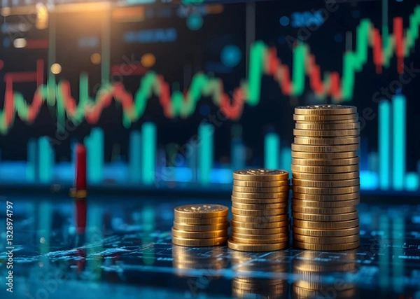 Fototapeta Financial profitability and stack of coins with digital graphic background.