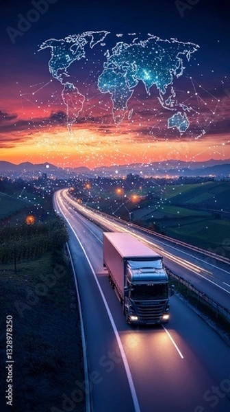 Obraz Truck on night highway with luminous global grid layer.