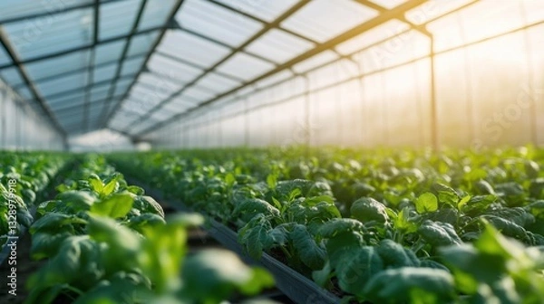 Fototapeta A smart agricultural greenhouse, farm with automated climate control system maintaining plant health, Agri-tech style