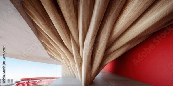 Fototapeta Organic Architectural Innovation Fluid Curved Wooden Structural Design Showcasing Parametric Minimalism in Modern Sustainable Public Space Engineering