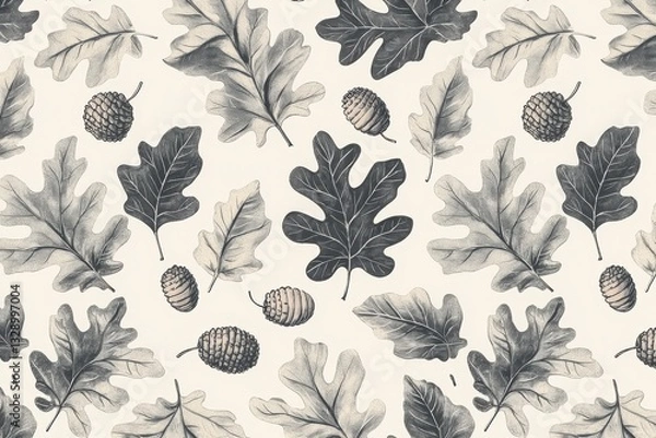 Fototapeta A patterned design featuring various oak leaves and acorns in muted tones against a light background.