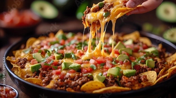 Fototapeta A top-down view of a massive nacho platter, a hand lifting a cheesy nacho with a long, stretchy cheese pull, vibrant salsa and avocado in the background, cinematic warm lighting,