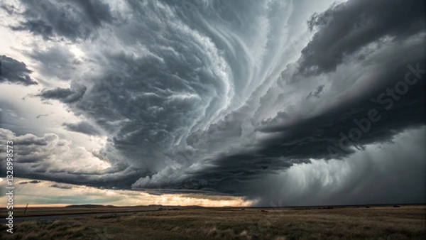 Fototapeta A dramatic supercell thunderstorm rolls over a rural field, filled with dark, ominous clouds and heavy rain.