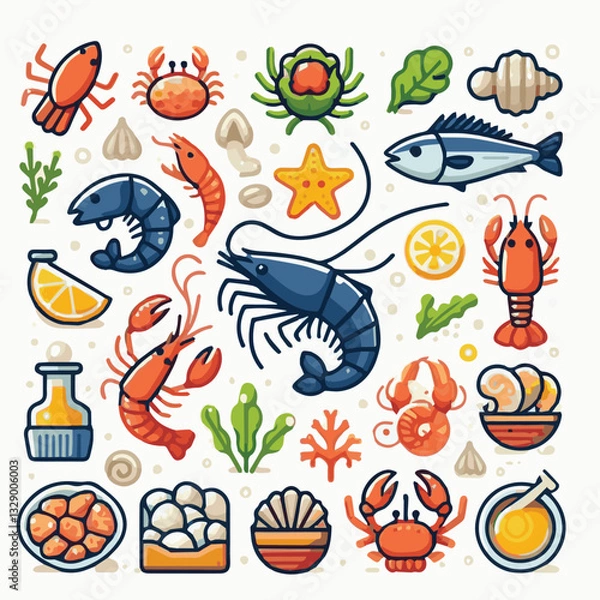 Fototapeta seafood, fish, restaurant, food, vector, illustration, menu, vintage, sketch, dinner, sea, fresh, design, ocean, shrimp, retro, ink, drawing, meal, background, lunch, graphic, market, gourmet, marine,
