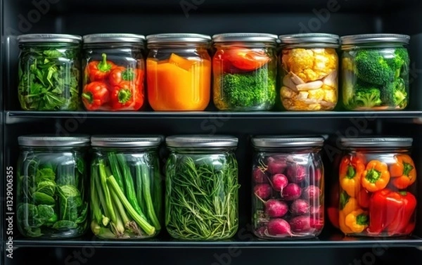 Fototapeta Healthy lifestyle concept, refrigerator shelves packed with prepped vegetables and fruits in labeled airtight containers for easy access