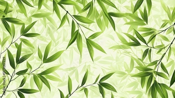 Fototapeta A vibrant display of green bamboo leaves against a soft, light background, creating a fresh and natural ambiance.