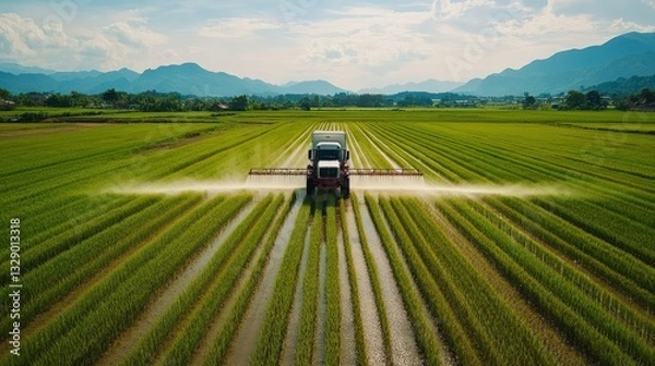 Fototapeta A large agricultural sprayer truck moves through an expansive rice field, delivering precise insecticide treatment.