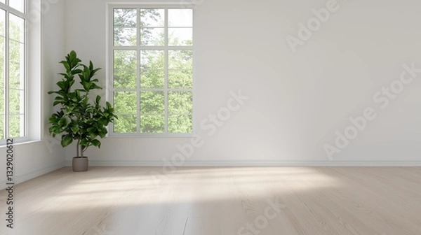 Fototapeta A large empty room with a window and a potted plant. The room is very clean and has a minimalist feel to it