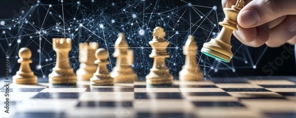 Fototapeta A chess game strategy shows network connections with king piece