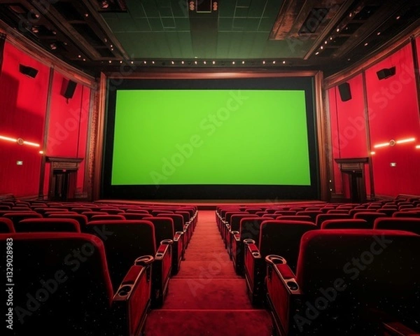 Fototapeta Empty cinema hall with green screen and red seating. movie theater screen glowing with a green screen