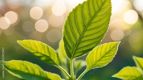 Fototapeta Newly sprouted green foliage during springtime, set against a bokeh backdrop