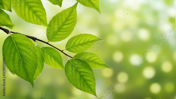 Fototapeta Spring's fresh green leaves, framed by a bokeh effect in the background