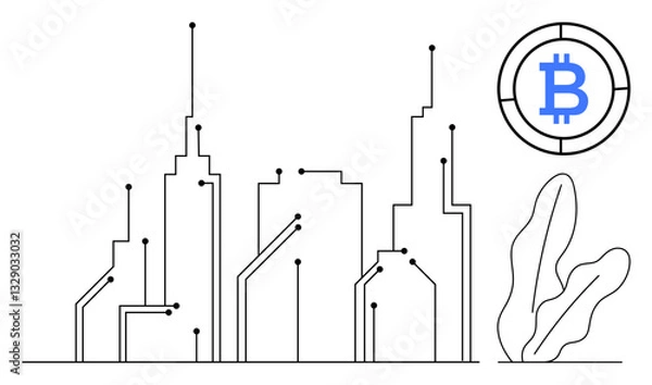 Obraz Abstract city skyline with circuit-thumbs up connections, Bitcoin icon, and decorative plant. Ideal for blockchain, cryptocurrency, innovation, smart city, digital economy, technology decentralized