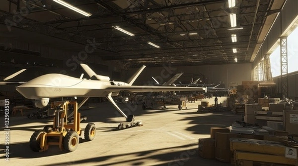 Fototapeta Inside a desert military drone facility, several unmanned aerial vehicles await preparation on a bright afternoon, highlighting cutting-edge technology and operational readiness.