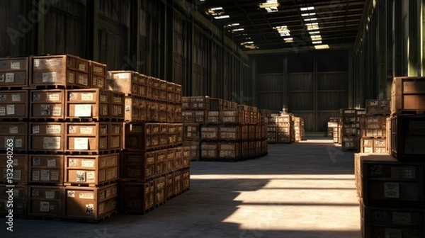 Obraz Rows of wooden crates fill a large military warehouse, organized for easy access. The interior is dimly lit, highlighting the vast space and orderly arrangement of supplies.