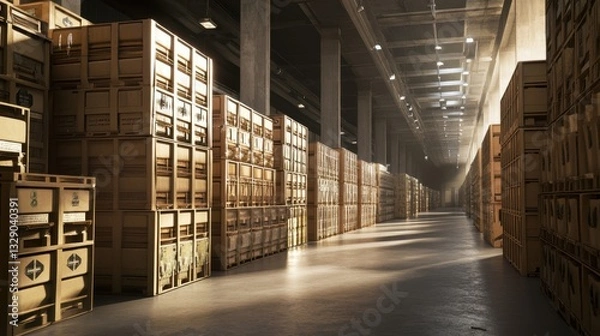 Fototapeta Rows of storage crates fill a large military warehouse, illuminated by overhead lights, highlighting meticulous organization and extensive inventory management.